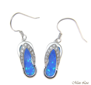925 Sterling Silver Rhodium Hawaiian CZ Slipper Blue Opal Wire Hook Earrings