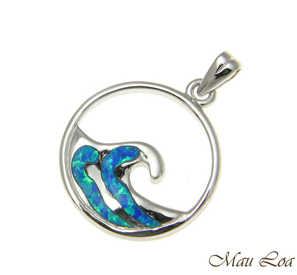 925 Sterling Silver Rhodium Hawaiian 20mm Ocean Wave Blue Opal Pendant Charm