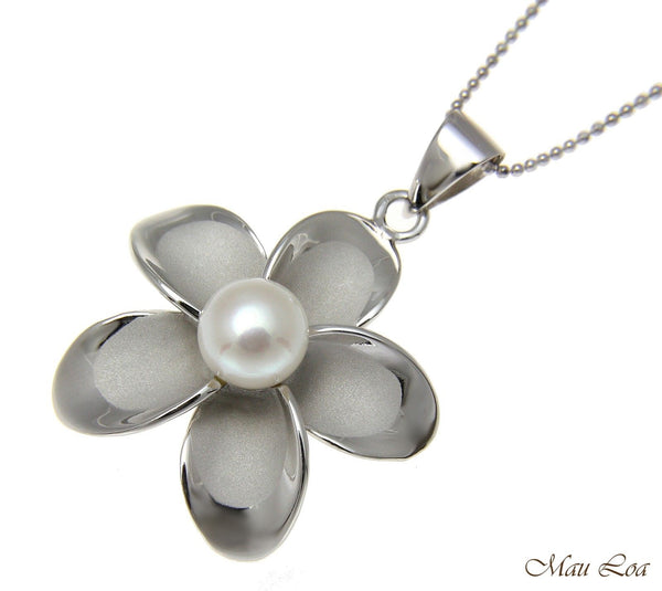 925 Silver Hawaiian Plumeria Flower Fresh Water Pearl Rhodium Pendant 12-32mm