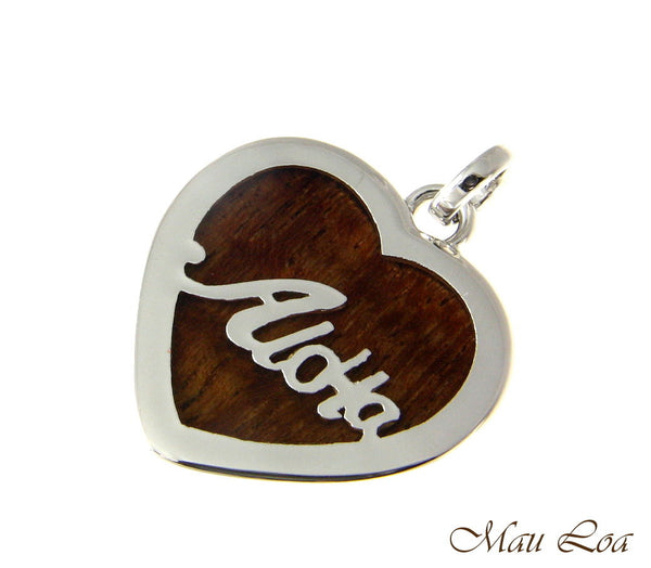 Koa Wood Hawaiian Scroll Aloha Heart Rhodium Plated Brass Reversible Pendant