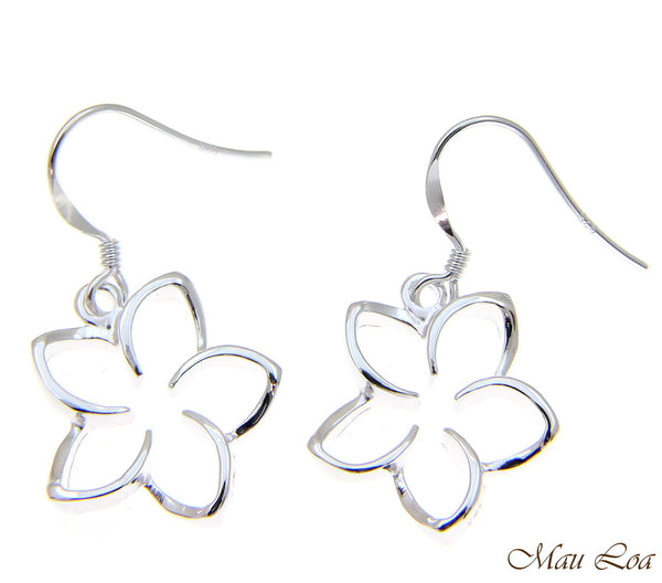 925 Sterling Silver Hawaiian Floating Outline Plumeria Flower Hook Wire Earrings