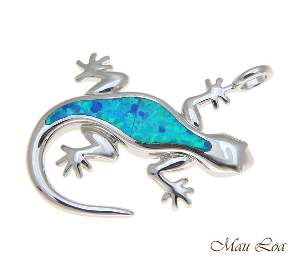 925 Sterling Silver Rhodium Hawaiian Gecko Lizard Blue Opal Pendant