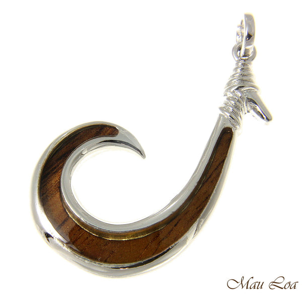 Koa Wood Hawaiian Wave Fish Hook Rhodium Silver Plated Brass Reversible Pendant