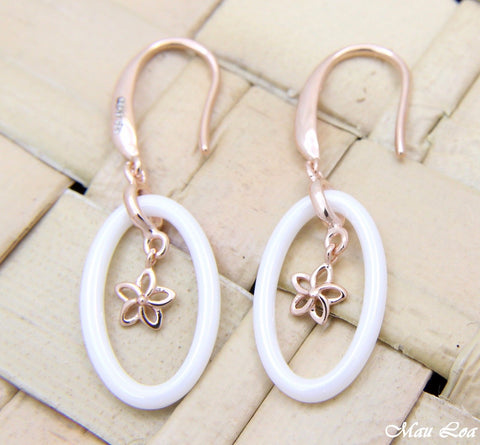 925 Silver Pink Rose Gold Hawaiian Plumeria Flower White Ceramic Oval Earrings