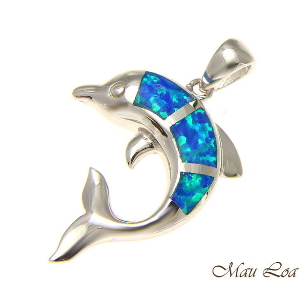 925 Sterling Silver Rhodium Hawaiian Dolphin Blue Opal Pendant Charm