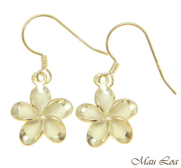 925 Silver Yellow Gold Hawaiian Plumeria Flower No CZ Stone Wire Hook Earrings