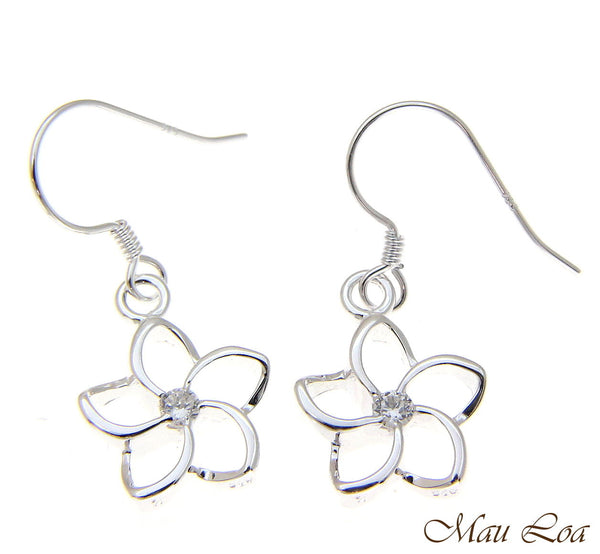 925 Silver Hawaiian Floating Outline CZ Plumeria Flower Hook Wire Earrings