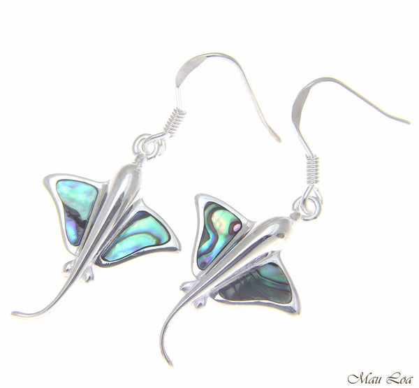 925 Sterling Silver Hawaiian Stingray Fish Abalone Shell Paua Wire Hook Earrings