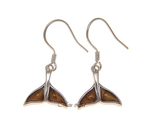 925 Sterling Silver Hawaiian Koa Wood Whale Tail Wire Hook Dangle Earrings