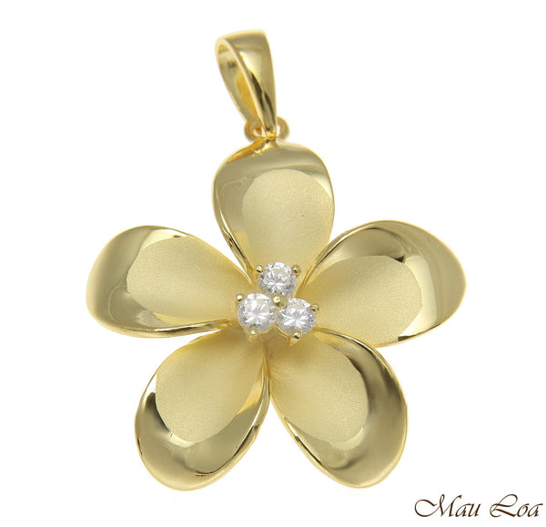 925 Sterling Silver Yellow Gold Hawaiian Plumeria Flower 3 CZ Pendant 12-30mm