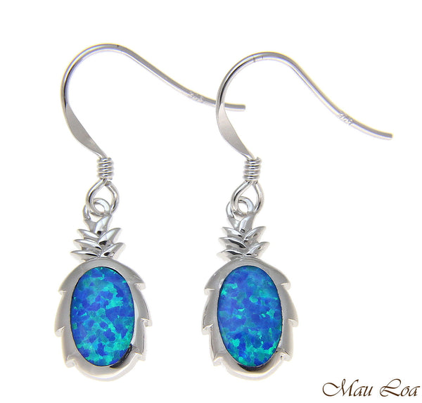 925 Sterling Silver Rhodium Hawaiian Pineapple Blue Opal Hook Wire Earrings