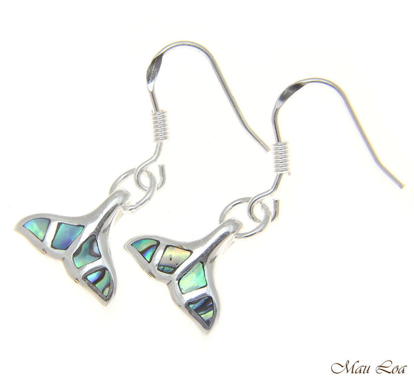 925 Sterling Silver Hawaiian Whale Tail Abalone Shell Paua Wire Hook Earrings