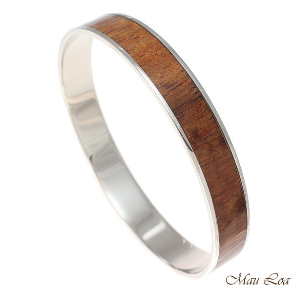 10mm Hawaiian Koa Wood Rhodium Plated on Brass Bangle Bracelet Size 7 - 9