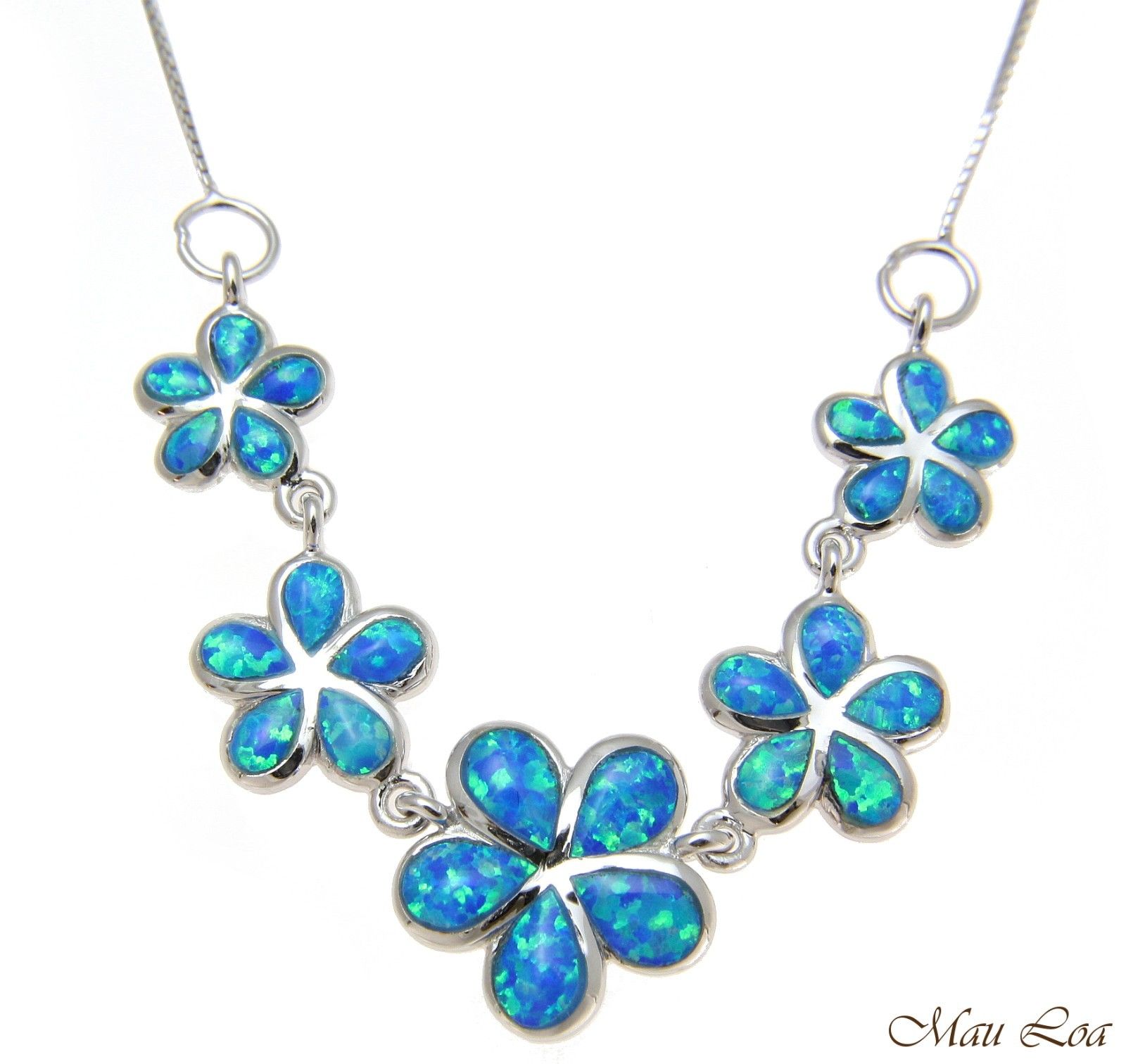 925 Silver Rhodium Hawaiian 5 Plumeria Flower Blue Opal Box Chain Necklace 18"