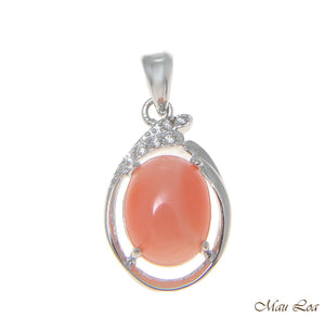 925 Sterling Silver Rhodium CZ Genuine Natural 8x10mm Oval Pink Coral Pendant