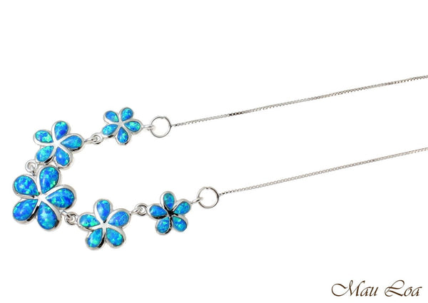 925 Silver Rhodium Hawaiian 5 Plumeria Flower Blue Opal Box Chain Necklace 18"