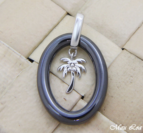 925 Sterling Silver Rhodium Hawaiian Palm Tree Black Ceramic Oval Pendant