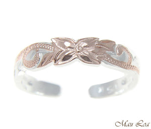 925 Sterling Silver Pink Rose Gold Hawaiian Plumeria Flower Scroll 4mm Toe Ring
