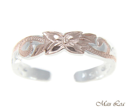 925 Sterling Silver Pink Rose Gold Hawaiian Plumeria Flower Scroll 4mm Toe Ring