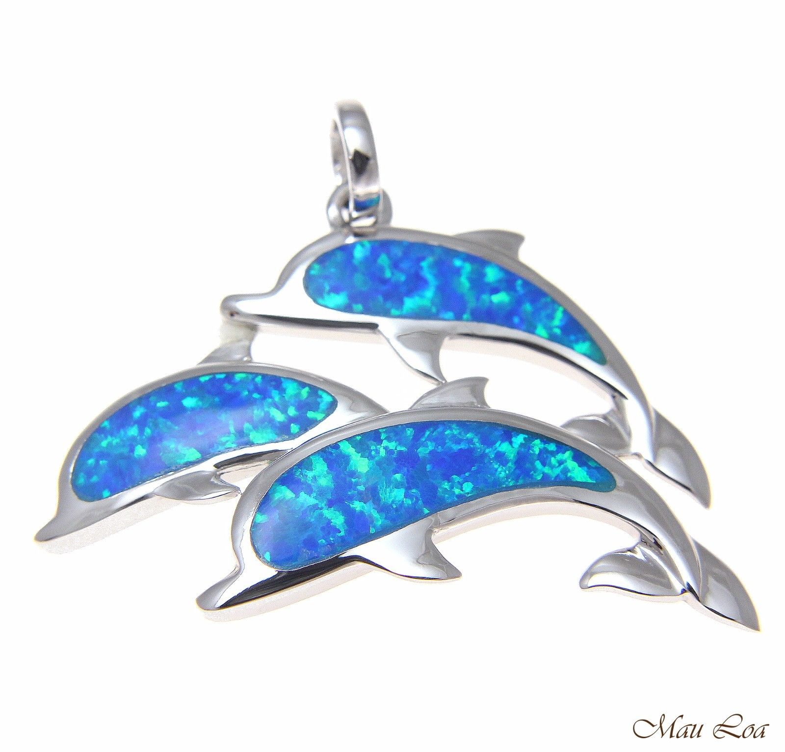925 Sterling Silver Rhodium Hawaiian Triple 3 Dolphin Blue Opal Pendant Charm