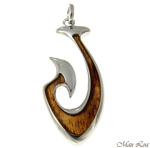 Koa Wood Hawaiian Wave Fish Hook Rhodium Silver Plated Brass Reversible Pendant