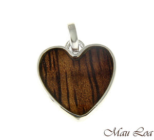 Koa Wood Hawaiian Wave 15mm Heart Rhodium Silver Plated Brass Reversible Pendant