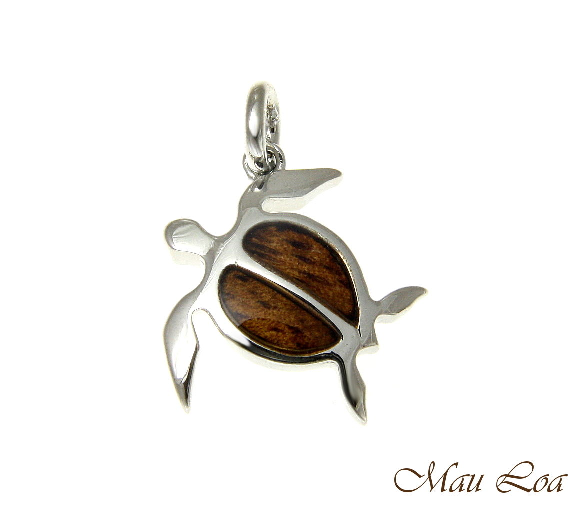 Koa Wood Hawaiian Honu Sea Turtle Rhodium Silver Plated Brass Pendant Small