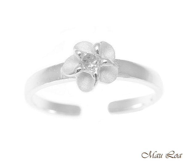 925 Sterling Silver Hawaiian Single Plumeria Flower White CZ Open Toe Ring