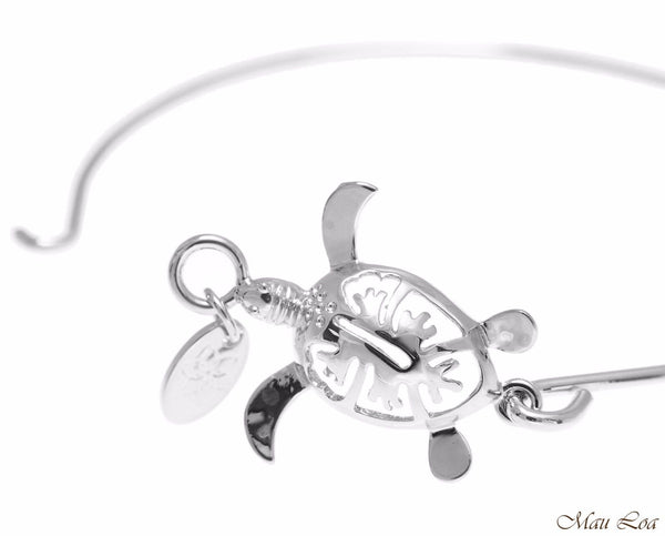 Rhodium Plated Brass Hawaiian Hibiscus Flower Honu Turtle Open Bangle Bracelet