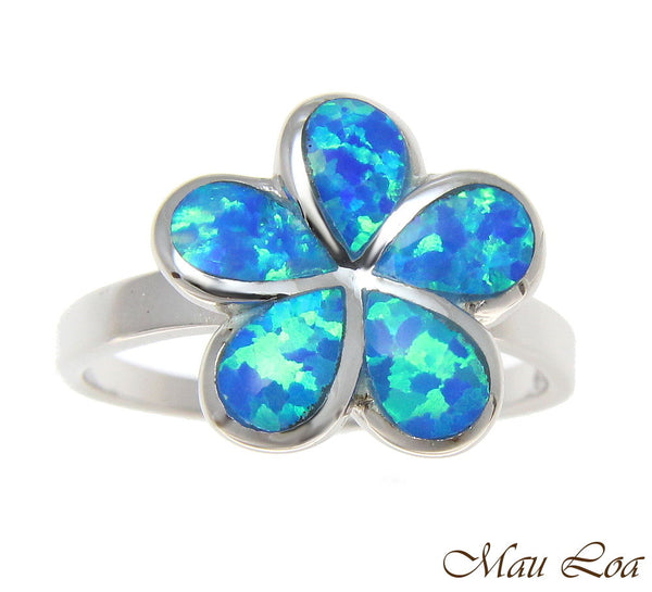 925 Sterling Silver Rhodium Hawaiian Plumeria Flower Blue Opal Ring Size 5-10