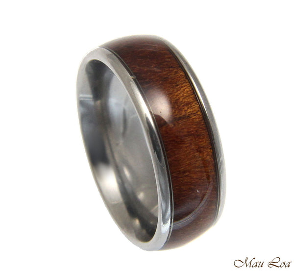 Stainless Steel Wedding Band 8mm Hawaiian Koa Wood Comfort Fit Ring Size 6-13