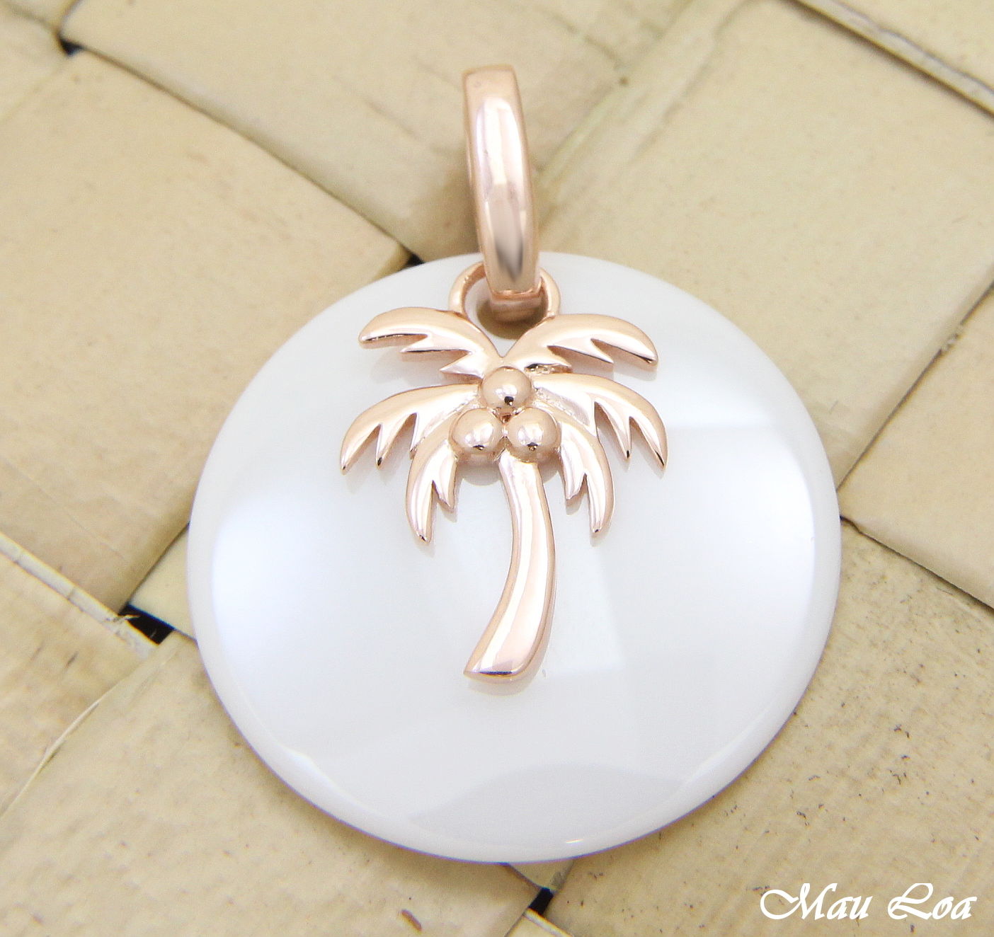 925 Silver Pink Rose Gold Hawaiian Palm Tree White Ceramic Circle Round Pendant