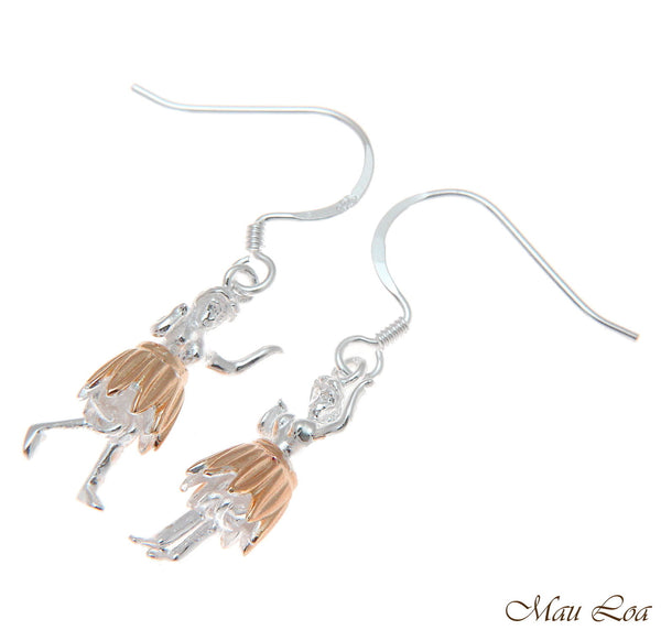 925 Sterling Silver Hawaiian Hula Girl Dancer Rose Pink Gold Hook Wire Earrings