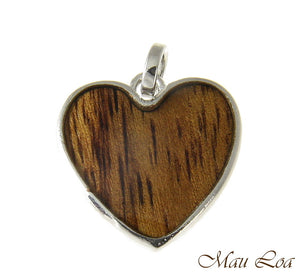 Koa Wood Hawaiian Wave 19mm Heart Rhodium Silver Plated Brass Reversible Pendant