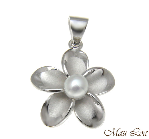 925 Silver Hawaiian Plumeria Flower Fresh Water Pearl Rhodium Pendant 12-32mm