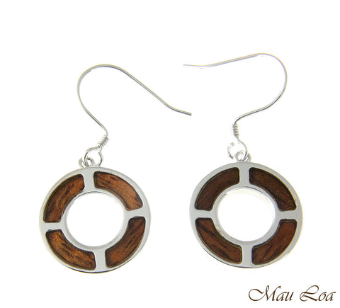 Koa Wood Hawaiian Scroll Circle Round Rhodium Silver Plated Brass Hook Earrings