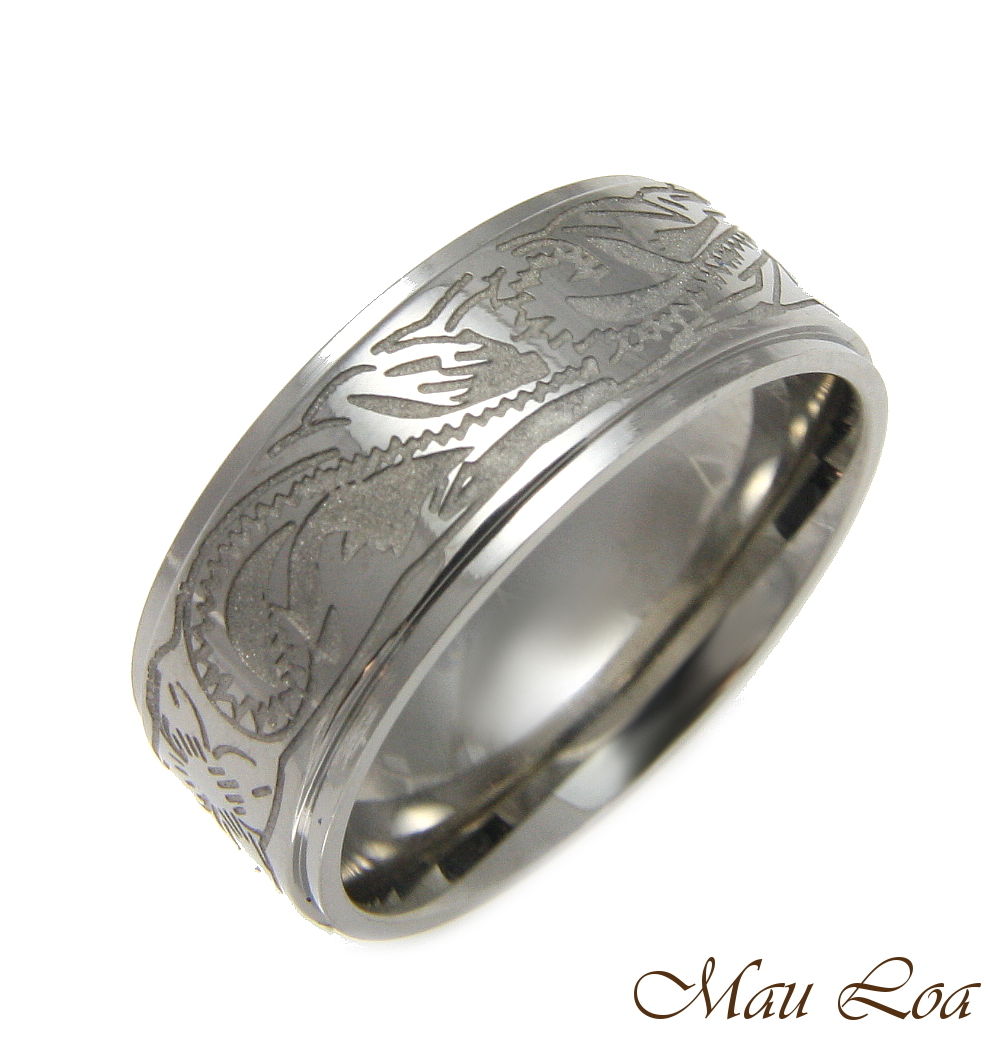 Stainless Steel Ring Band Unisex 8mm Hawaiian Plumeria Scroll Design Size 5-13