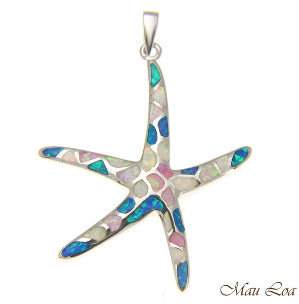 925 Silver Rhodium Hawaiian Starfish Sea Star Multi Blue White PInk Opal Pendant