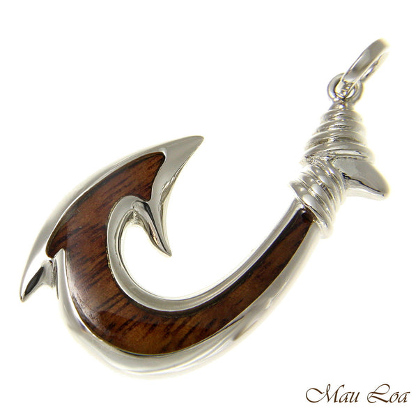 Koa Wood Hawaiian Wave Fish Hook Rhodium Silver Plated Brass Reversible Pendant