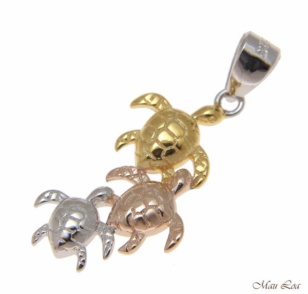 925 Sterling Silver Tricolor Hawaiian 3 Honu Sea Turtle Family Pendant
