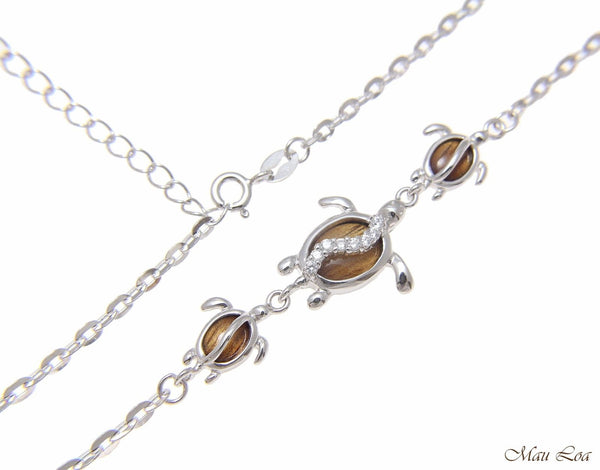 925 Sterling Silver Rhodium Hawaiian Koa Wood CZ Honu Turtle Bracelet 7" + 2"