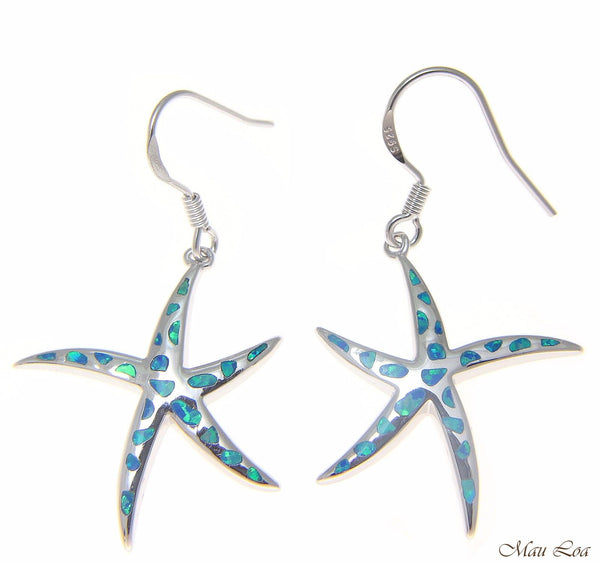 925 Silver Rhodium Hawaiian Starfish Sea Star Blue Opal Hook Wire Earrings