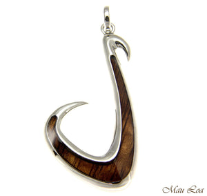 Koa Wood Hawaiian Wave Fish Hook Rhodium Silver Plated Brass Reversible Pendant