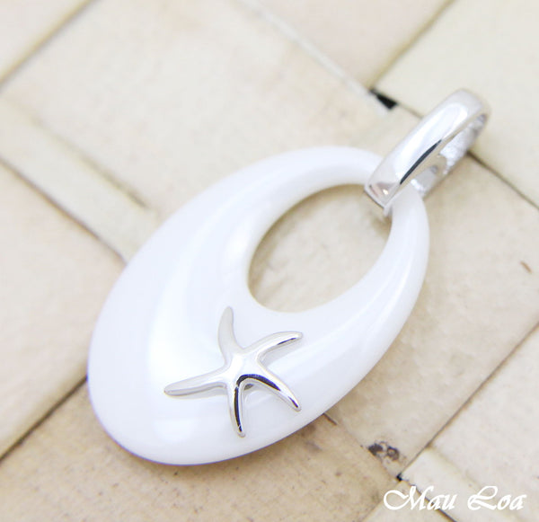 925 Silver Rhodium Hawaiian Starfish Sea Star White Ceramic Oval Pendant