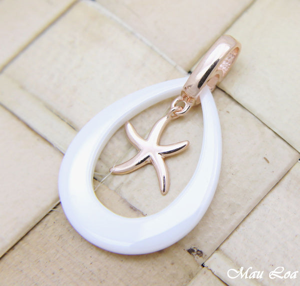 925 Silver Pink Gold Hawaiian Starfish Sea Star White Ceramic Tear Drop Pendant