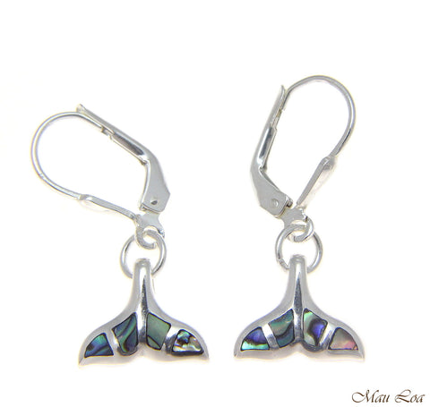 925 Sterling Silver Hawaiian Whale Tail Abalone Shell Paua Leverback Earrings