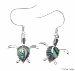 925 Sterling Silver Hawaiian Honu Sea Turtle Abalone Shell Paua Hook Earrings