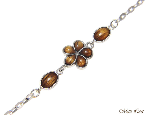 925 Sterling Silver Rhodium Hawaiian Genuine Koa Wood Plumeria Flower Anklet 9"+