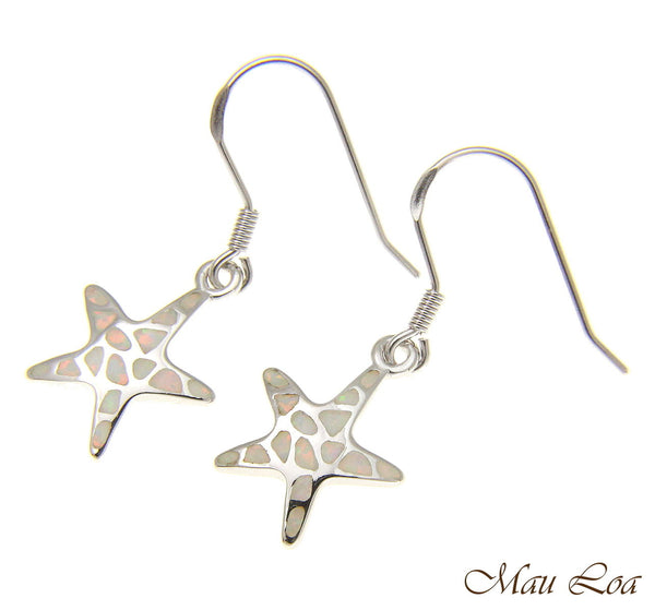 925 Silver Rhodium Hawaiian Starfish Sea Star White Opal Hook Wire Earrings