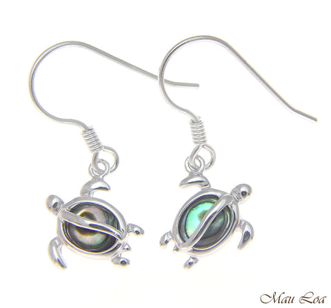 925 Sterling Silver Hawaiian Honu Sea Turtle Abalone Shell Paua Hook Earrings